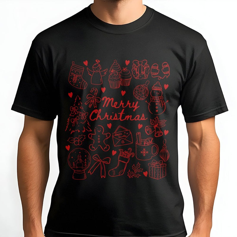 Adorable Holiday Bow Graphic Tee, Merry Christmas Doodles T-Shirt, Festive Doodle Christmas Shirt, Coquette Xmas Tee, Holiday Present for Women