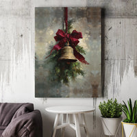 Vintage Red Bow Oil Painting Canvas Print, Christmas Bell Canvas Wall Art, Rustic Holiday Wall Art, Festive Xmas Canvas Decor, Seasonal Present