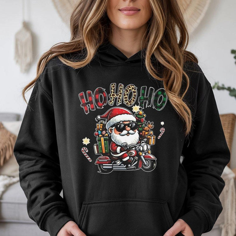 Cool Motorcycle Santa Hoodie, Biker Santa Hoodie, Humorous Ho Ho Ho Christmas Hoodie, Vintage Holiday Graphic Sweatshirt, Xmas Present for Him