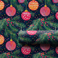 Navy Pine Branch Gift Wrap, Watercolor Ornament Christmas Wrapping Paper, Colorful Bauble Wrapping Paper, Festive Holiday Wrapping Paper