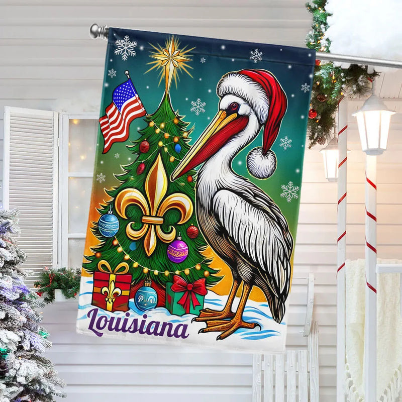 Santa Hat Fleur-de-Lis Yard Flag, Louisiana Pelican Christmas Garden Flag, Double Sided Holiday Garden Flag, Southern Xmas Lawn Decor