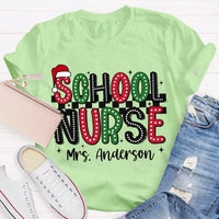 Custom Name Santa Hat Graphic Tee, Personalized School Nurse Christmas Shirt, RN Nurse Holiday T-Shirt, Healthcare Staff Xmas Present