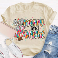 Festive Holiday Graphic Tee, Merry and Bright Tie Dye Tree Shirt, Christmas Tree T-Shirt, Retro Xmas Party Top, Family Holiday Present Tee