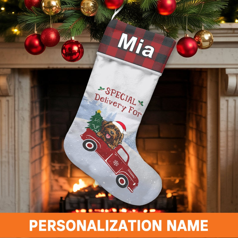 Vintage Truck Holiday Stocking, Personalized Dog Red Truck Christmas Stocking, Dog Lover Christmas Stocking, Custom Pet Xmas Stocking Present