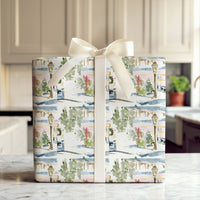Watercolor Snowy Station Gift Wrap, Christmas Train Wrapping Paper, Vintage Holiday Train Wrapping Paper, Winter Gift Wrap, Pink Train Paper