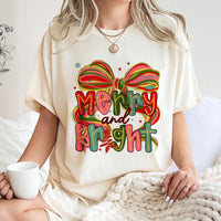 Preppy Coquette Christmas Shirt, Merry and Bright Christmas T-Shirt, Retro Holiday Graphic Tee, Adorable Festive Christmas T-Shirt, Present for Her