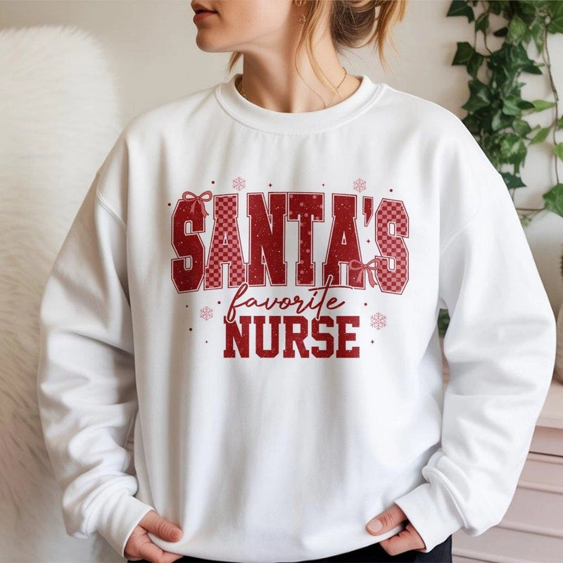 Festive Checkered Christmas Crewneck, Santa's Favorite Nurse Sweatshirt, RN Hospital Holiday Shift Sweater, Nurse Life Winter Pullover