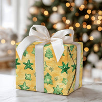 Golden Stars Holiday Gift Wrap, Watercolor Green Tree Christmas Wrapping Paper, Festive Forest Winter Wrapping Paper, Xmas Gift Wrap Roll