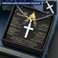 Engraved Religious Cross Pendant, Personalized Cross Necklace for Husband, Stainless Steel Mens Faith Jewelry, Meaningful Christmas Present Him
