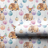 Baby Deer Christmas Gift Wrap, Watercolor Fawn Wrapping Paper, Pastel Baubles Holiday Present Paper, Whimsical Winter Wrap Roll