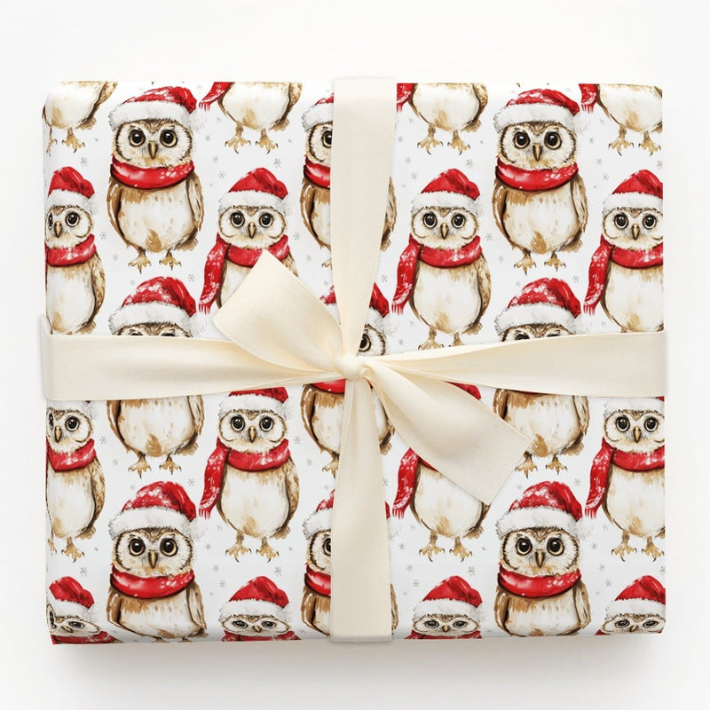 Watercolor Winter Owl Gift Wrap, Christmas Owl Wrapping Paper, Santa Hat Woodland Owl Wrapping Paper, Festive Holiday Bird Gift Wrap Roll