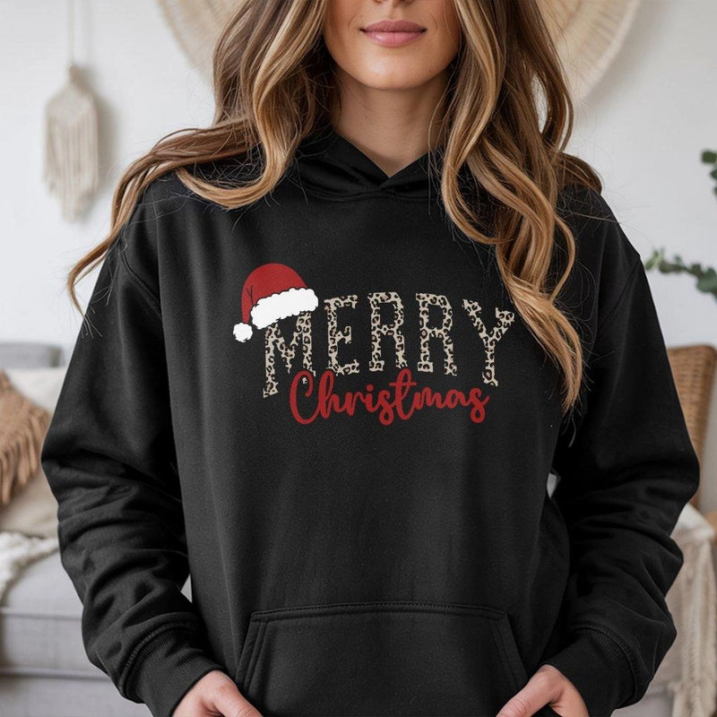 Leopard Santa Hat Christmas Hoodie, Merry Christmas Hoodie, Festive Holiday Hooded Sweatshirt, Leopard Print Xmas Hoodie, Present for Her