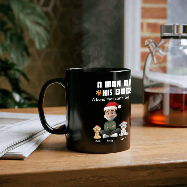 Cartoon Man and Dogs Santa Hats Coffee Mug, Custom Dog Dad Christmas Mug, Personalized Holiday Pet Cup, Christmas Present for