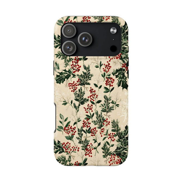 Botanical Red Berry Holiday Phone Case, Vintage Christmas Holly iPhone Case, Dual Layer Winter Phone Cover, Festive Xmas iPho