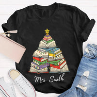 Personalized Holiday Shirt, Custom Christmas Trees and Books T-Shirt, Comfy Book Lover Xmas Graphic Tee, Custom Name Christmas Present Tee