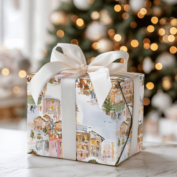 Watercolor Winter Village Gift Wrap, Christmas Market Wrapping Paper, Festive Holiday Wrapping Paper, European Town Xmas Pres