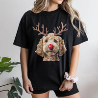 Reindeer Antlers Dog Shirt, Goldendoodle Christmas T-Shirt, Humorous Red Nose Graphic Tee, Adorable Puppy Holiday T-Shirt, Pet Lover Xmas Present