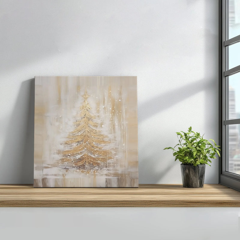 Rustic Snowy Pine Textured Canvas Wall Art, Golden Christmas Tree Square Canvas, Winter Holiday Canvas Print, Farmhouse Xmas Decor