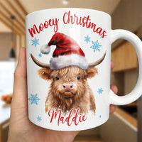 Watercolor Cow in Santa Hat Coffee Mug, Personalized Highland Cow Christmas Mug, Custom Name Holiday Ceramic Mug, Xmas Coffee Cup