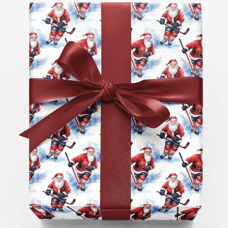 Slapshot Santa Gift Wrap, Hockey Santa Wrapping Paper, Sports Holiday Paper, Ice Hockey Christmas Gift Wrap Roll, Winter Present Paper