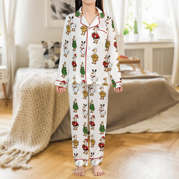 Festive Winter Bird Pajamas, Holiday Christmas Goose Satin Pajama Set, Comfy Holiday Loungewear Pajamas, Sleepwear Present fo
