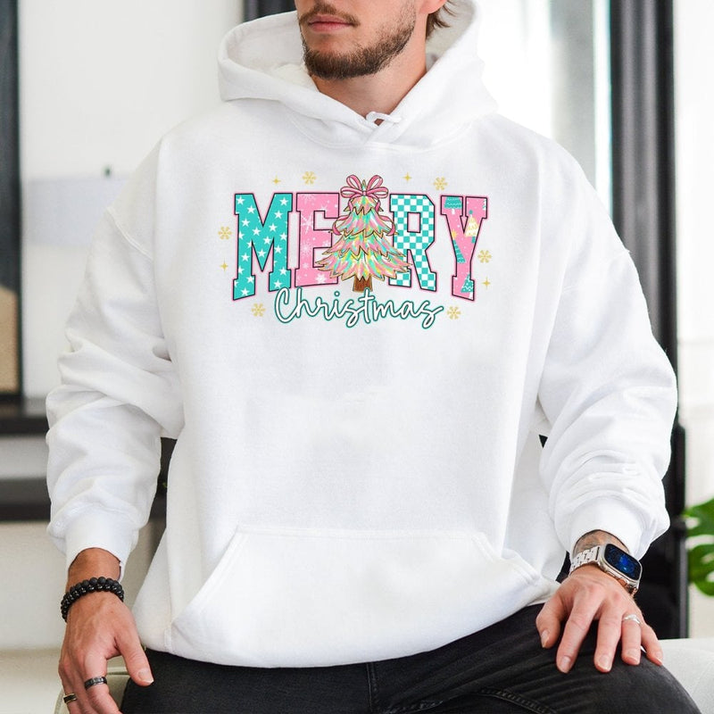 Aesthetic Merry Christmas Pullover, Pastel Checkered Tree Christmas Hoodie, Adorable Pastel Tree Graphic Hoodie, Holiday Winter Sweatshirt