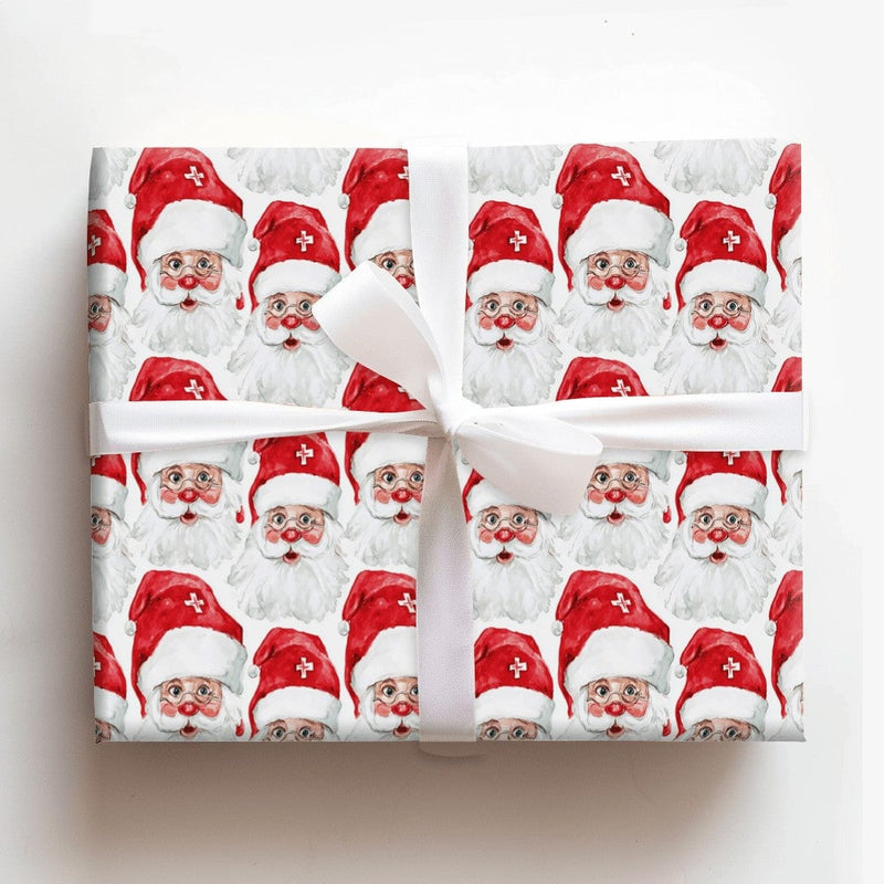 Watercolor Santa Claus Wrapping Paper, Swiss Cross Santa Wrapping Paper, Holiday Present Gift Wrap, Festive Christmas Gift Wrapping Paper