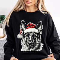 Santa Hat Dog Graphic Crewneck, German Shepherd Christmas Sweatshirt, Adorable Holiday GSD Dog Sweater, German Shepherd Xmas Pullover