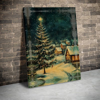 Snowy Winter Landscape Print, Christmas Village Digital Wall Art, Lit Pine Tree Holiday Poster, Festive Xmas Wall Decor Digital Download