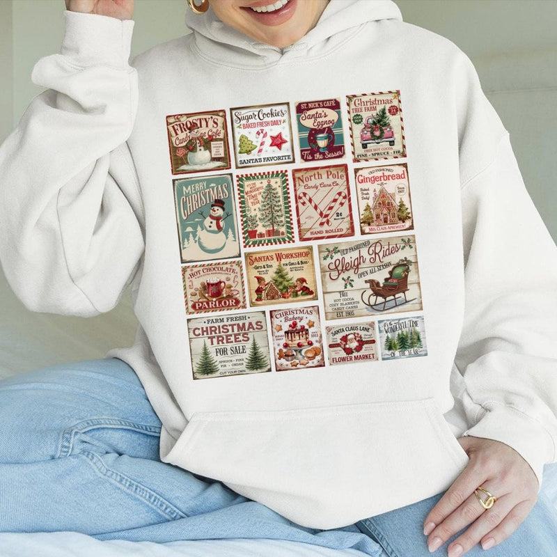 Retro Holiday Stamp Collage Hoodie, Vintage Christmas Stamp Hoodie, Festive Winter Graphic Hooded Sweatshirt, Comfy Christmas Present Hoodie
