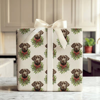 Dog Wreath Holiday Gift Wrap, Chocolate Lab Christmas Wrapping Paper, Labrador Retriever Christmas Wrapping Paper, Pet Lover Gift Wrap
