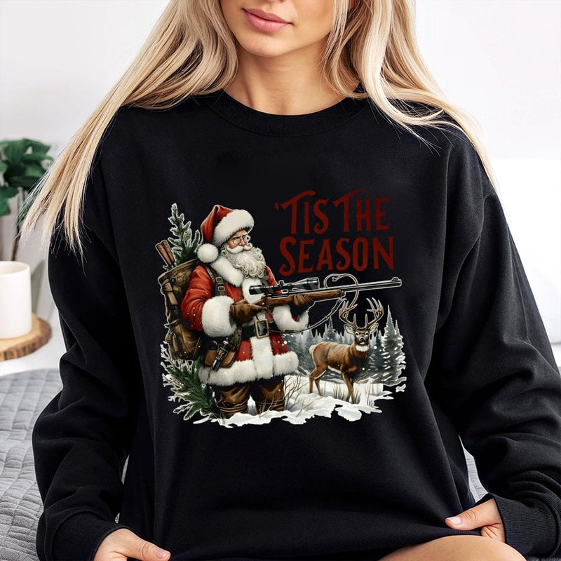 Deer Hunter Christmas Sweater, Tis the Season Santa Hunting Sweatshirt, Humorous Bow Hunting Crewneck, Outdoor Holiday Pullover Present