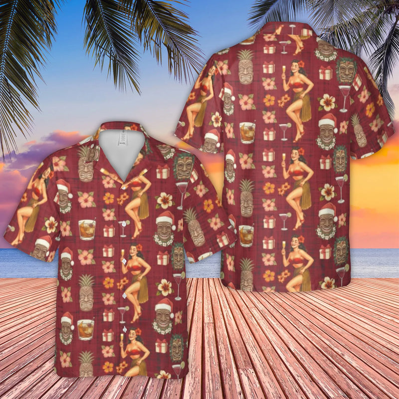Pin Up Girl Santa Aloha Shirt, Christmas Tiki Hawaiian Shirt, Retro Tropical Holiday Button Down Shirt, Humorous Christmas Party Present