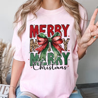 Coquette Bow Leopard Print Shirt, Merry Christmas T-Shirt, Trendy Holiday Graphic Tee, Preppy Christmas Tee, Adorable Xmas Present for Women