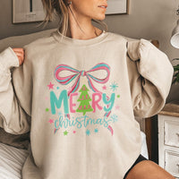 Neon Christmas Tree Sweater, Merry Christmas Sweatshirt, Bright Holiday Bow Crewneck, Festive Xmas Pullover, Retro Christmas Sweatshirt