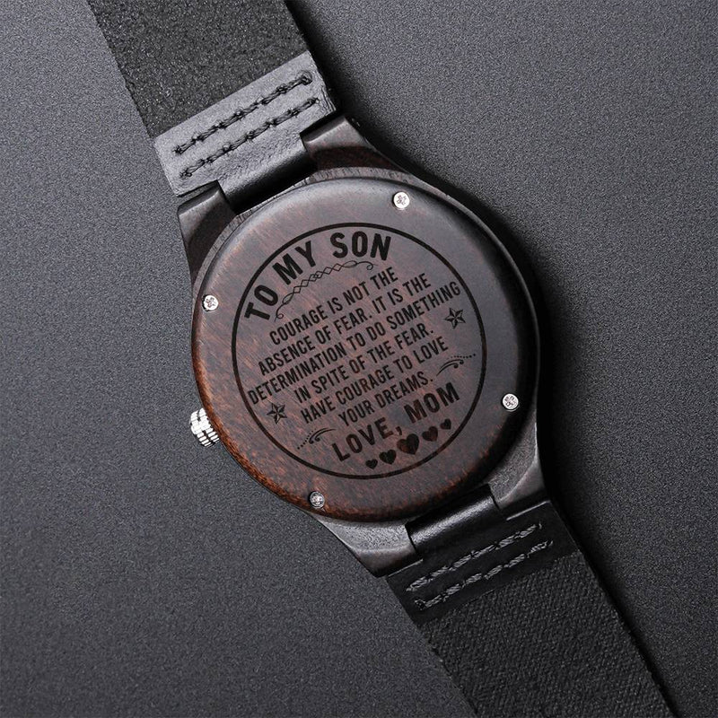 Sandalwood Watch, Courage Quote Engraved Wooden Watch for Son, Genuine Leather Band Wood Wristwatch, Birthday Christmas Present for Him