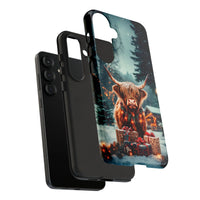 Festive Winter Lights Samsung Galaxy Case, Christmas Highland Cow Phone Case, Dual Layer Polycarbonate Tough Cover, Holiday Present