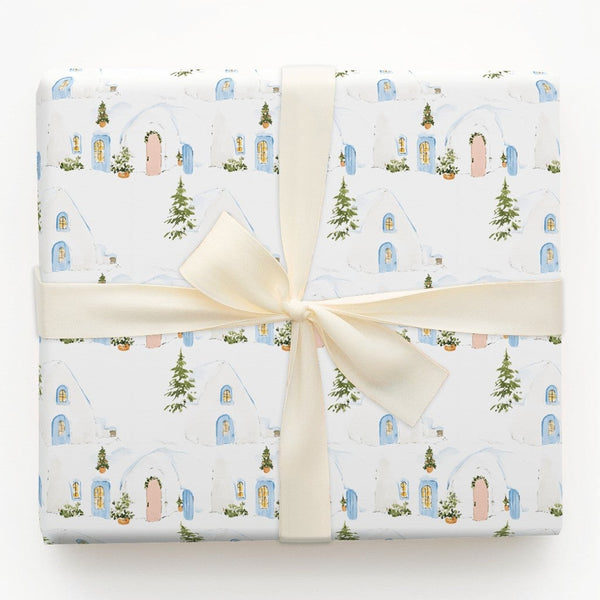 Watercolor Snow House Gift Wrap, Igloo Winter Village Wrapping Paper, Pastel Comfy Holiday Wrapping Paper, Christmas Season G