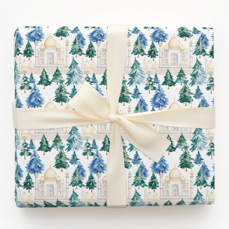 Watercolor Landmark Gift Wrap, Taj Mahal Christmas Tree Wrapping Paper, Blue Green Pine Tree Wrapping Paper, Holiday Travel Gift Wrap