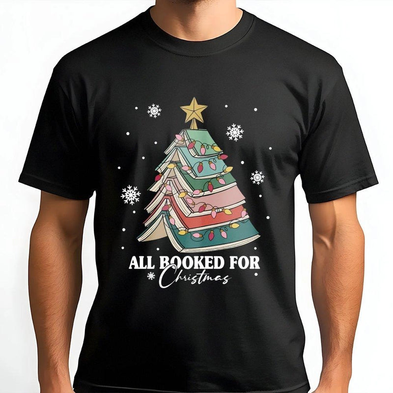 Library Book Tree Graphic Tee, All Booked for Christmas T-Shirt, Adorable Bookworm Christmas Shirt, Librarian Holiday Tee, Reading Lover Present