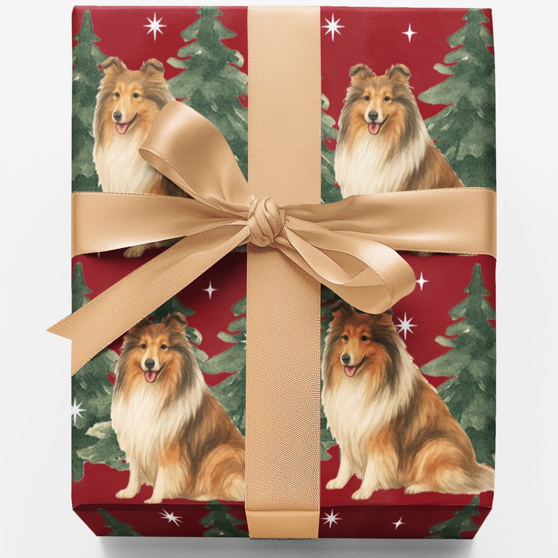 Winter Pine Forest Holiday Gift Wrap, Collie Dog Christmas Wrapping Paper, Festive Dog Present Paper, Pet Lover Xmas Wrapping Paper