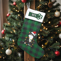 Green Plaid Cat Stocking, Personalized Tuxedo Cat Christmas Stocking, Custom Pet Holiday Stocking, Velboa Mantle Decor, Cat Lover Present Idea