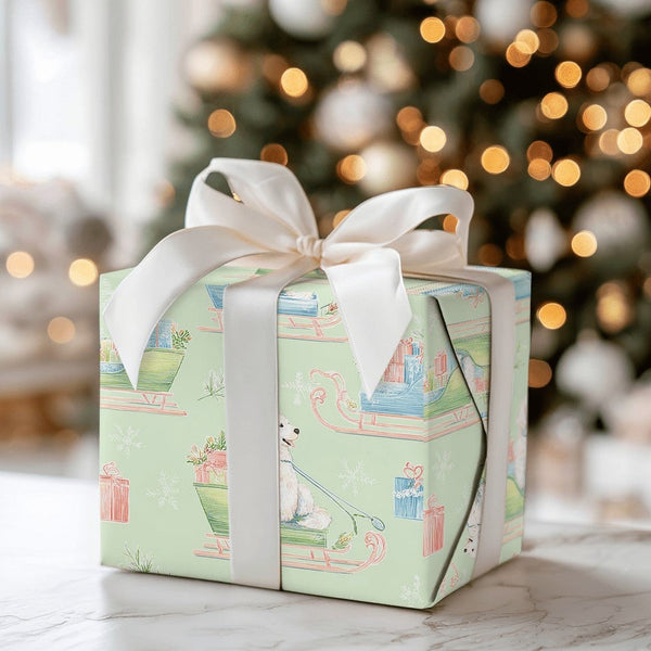 Adorable Puppy Christmas Gift Wrap, Watercolor Dog Sleigh Wrapping Paper, Mint Holiday Dog Wrapping Paper, Winter Pet Lover P
