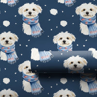 Snowy Puppy Holiday Christmas Gift Wrap, Maltese Winter Scarf Wrapping Paper, Adorable Fluffy Dog Wrapping Paper