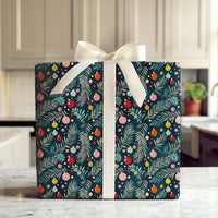 Pine Branch Holiday Gift Wrap, Colorful Ornaments Christmas Wrapping Paper, Navy Blue Xmas Wrapping Paper, Festive Winter Gift Wrap Roll