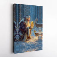 Winter Forest Fawn Moose Wall Art, Santa Claus Morel Mushroom Canvas Art, Forager Christmas Canvas Print, Holiday Wall Decor