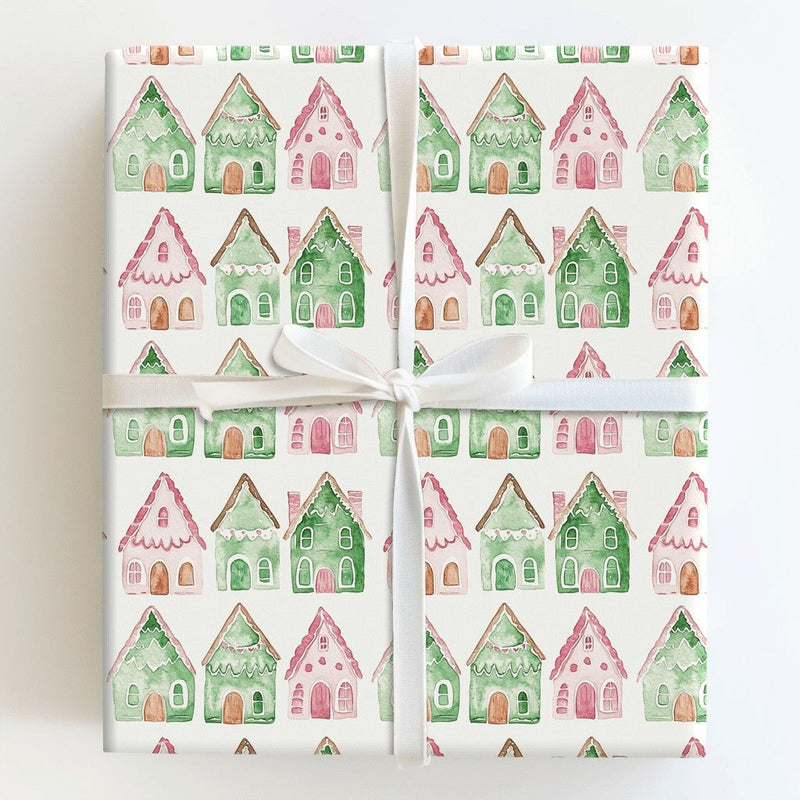 Watercolor Village Gift Wrap, Pink and Green Gingerbread House Wrapping Paper, Whimsical Christmas Wrapping Paper, Adorable Holiday Present Paper