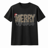 Merry Christmas Graphic Tee, Leopard Print Santa Hat Christmas T-Shirt, Trendy Holiday Santa Shirt, Adorable Festive Xmas T-Shirt, Present for Her