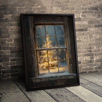 Snowy Window Winter Landscape Canvas Wall Art, Christmas Tree Canvas Print, Comfy Holiday Canvas Decor, Rustic Winter Season Canvas Art