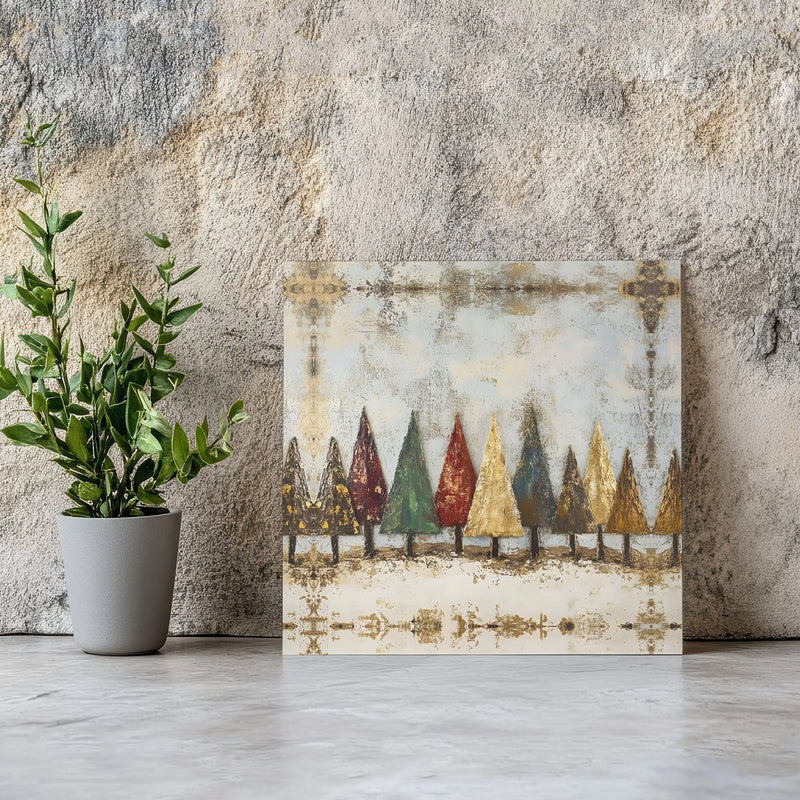 Vintage Gold Leaf Winter Forest Canvas Print, Rustic Christmas Trees Square Canvas, Holiday Wall Art Canvas, Farmhouse Xmas Decor